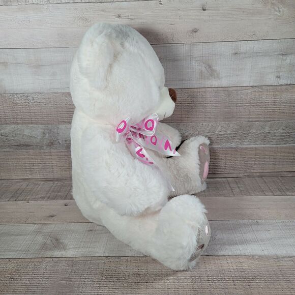 White Teddy Bear Plush Bear Dan Dee Pink Heart Paws Bow Stuffed Animal Valentine - Picture 2 of 9